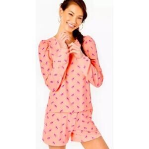 Lilly Pulitzer Peach Hyacinth Jansen Short Set With Puff Sleeve Sweatshirt XS